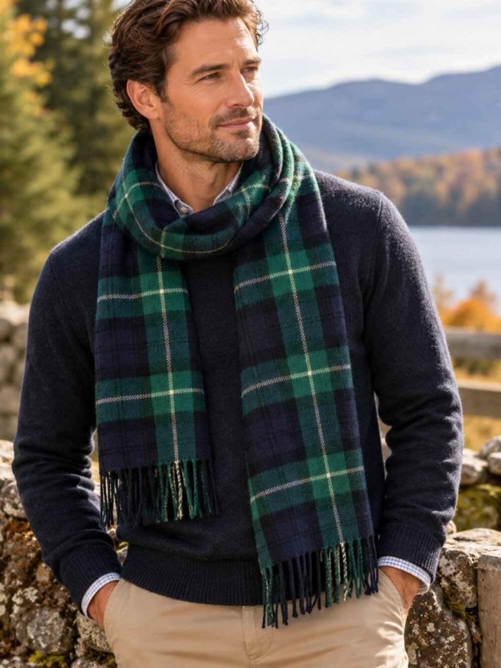 L.L.Bean John Hanly Ireland Lambswool Plaid Scarf Green Navy 70"